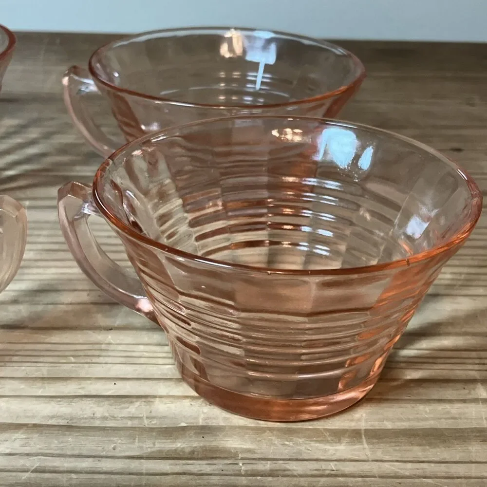 Vintage Pink Rings Depression Glass Cup Mugs Set Of 4 Art Deco Optic Design